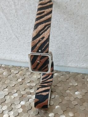 Animal Print Brown & Black Women's Belt with Square Silver Buckle
